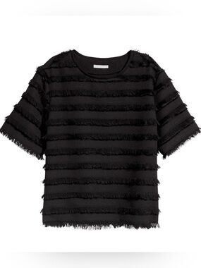 HM Black Eyelash Fringe Short Sleeve Textured Blouse